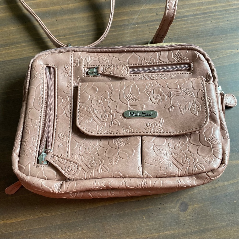 Multi Sac Purse Floral Embossed Crossbody Bag Tan Adjustable Strap Zip Pockets